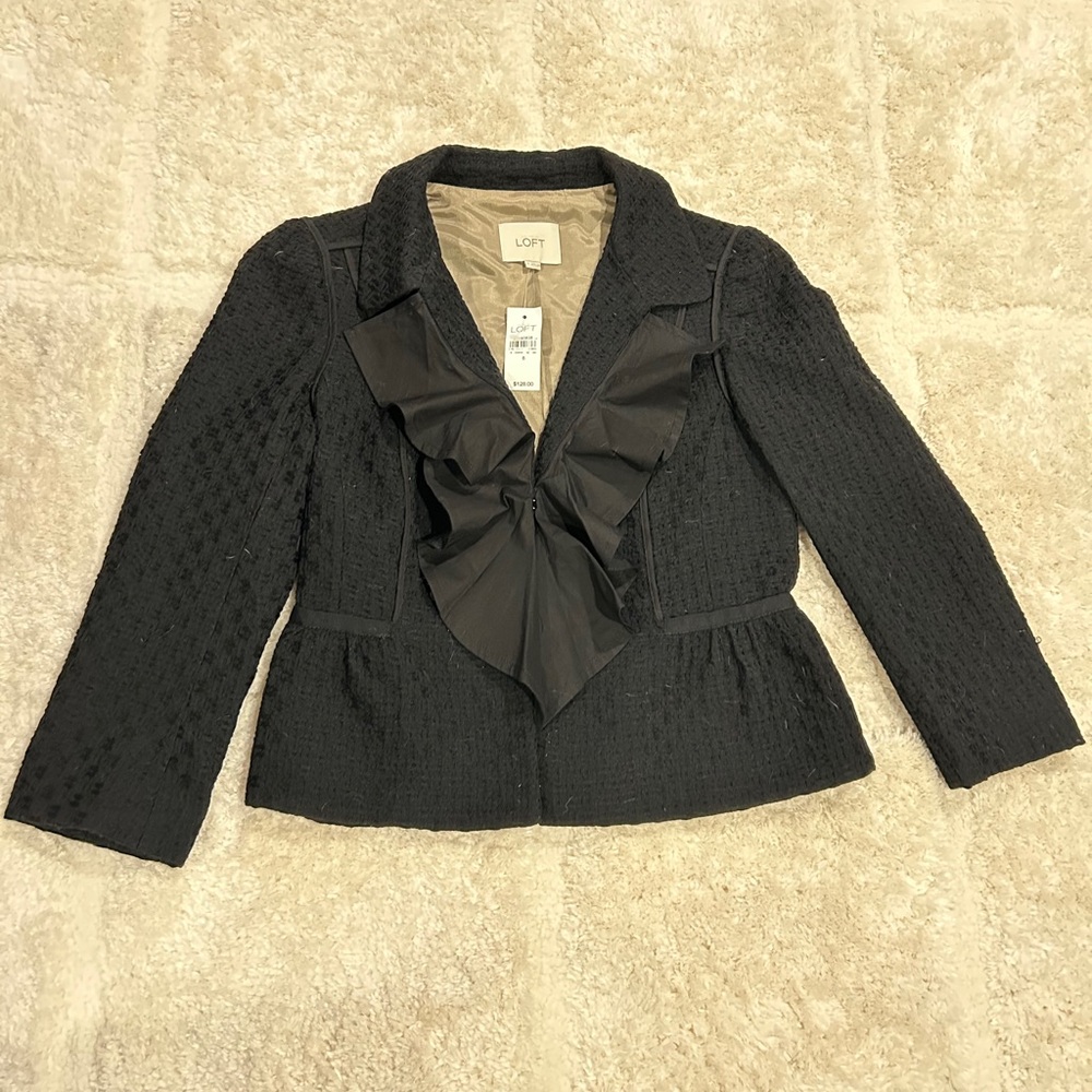 LOFT Textured Black Blazer with Ruffle Detail
